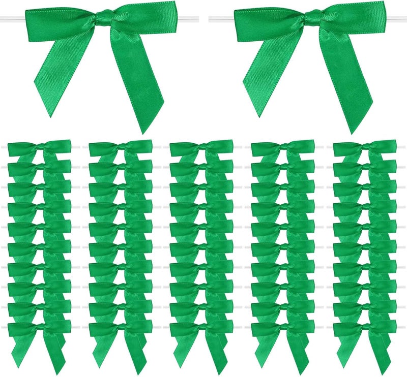 Sokfone Green Ribbon Bow Decor 2.5" Premade Twist Tie Bows for Crafts Mini Bows for Gift Wrapping, Christmas, Wedding Decor, DIY Party Favors & Baking Embellishments - 50 Counts - Image 1